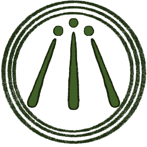 three lines that point upwards towards a centre point. They are wider at the bottom and taper at the top. There is a dot at the top of each line. Arounds this there are three circles. The symbol is green.